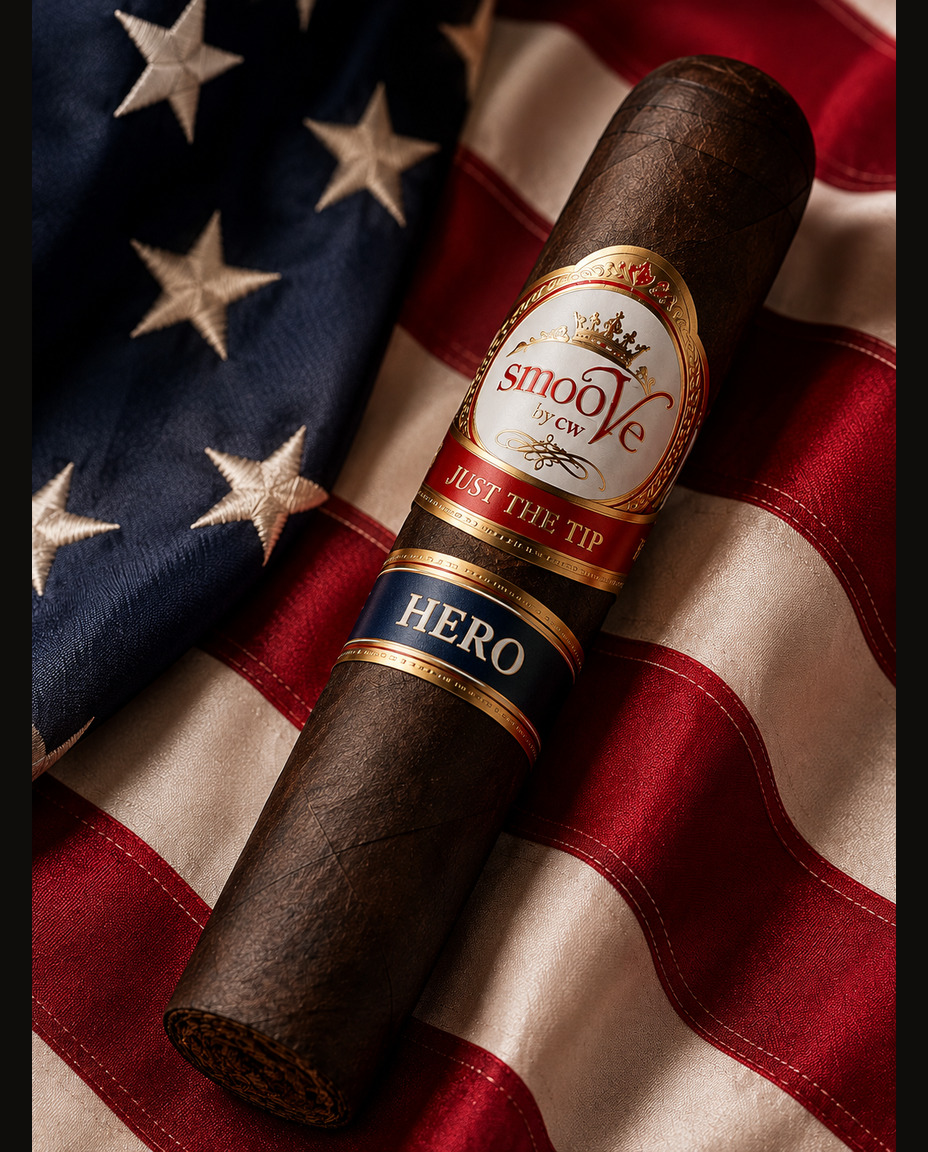 SmooVe Cigar Brand HERO flagship premium cigar with gold band resting against an American flag