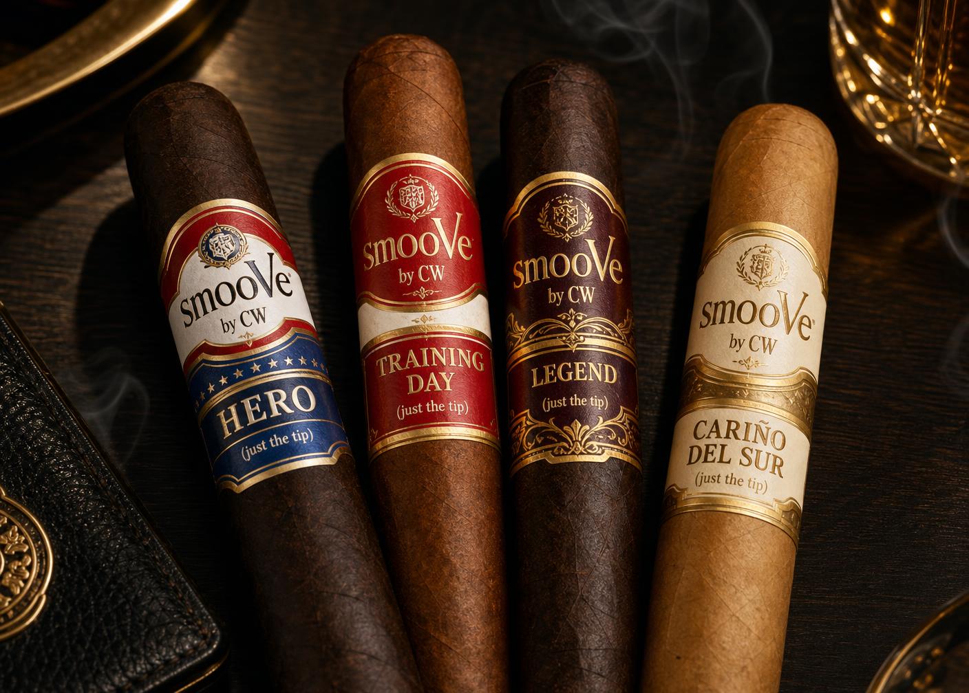 The smooVe Variety Pack featuring HERO, Training Day, Legend, and Cariño del Sur premium hand-rolled cigars with luxury gold bands
